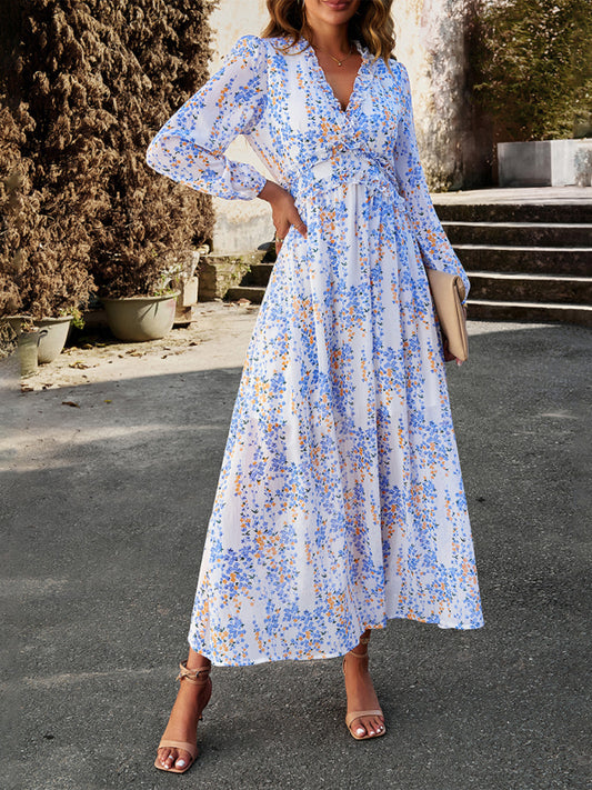 Women's Fashion V Neck Long Sleeves Elegant Chiffon Dress BLUE ZONE PLANET