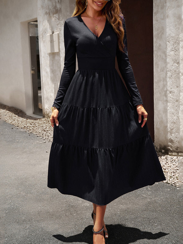 Blue Zone Planet | Elegant V-Neck Long-sleeve Midi Dress-TOPS / DRESSES-[Adult]-[Female]-Black-S-2022 Online Blue Zone Planet