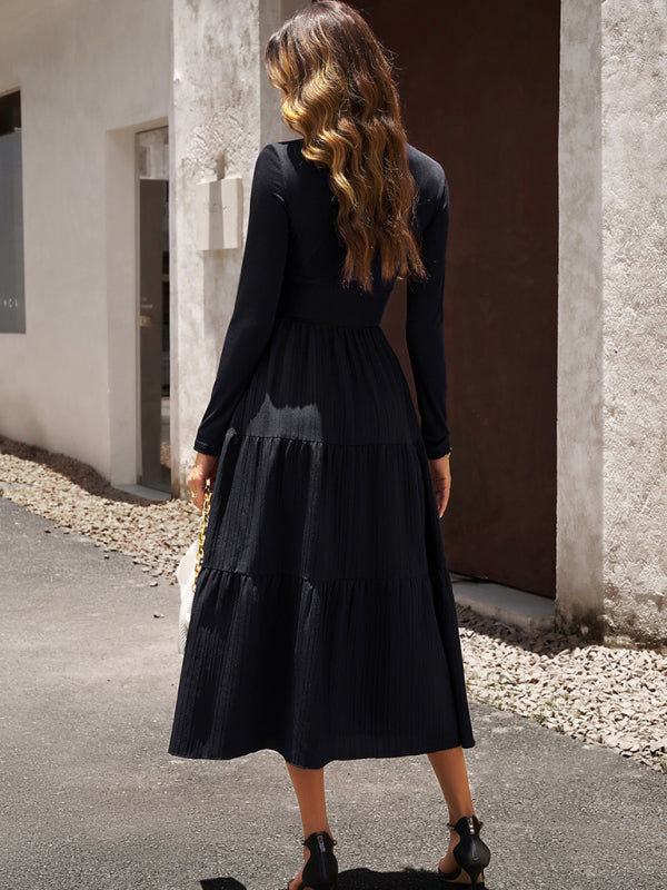 Blue Zone Planet | Elegant V-Neck Long-sleeve Midi Dress-TOPS / DRESSES-[Adult]-[Female]-2022 Online Blue Zone Planet