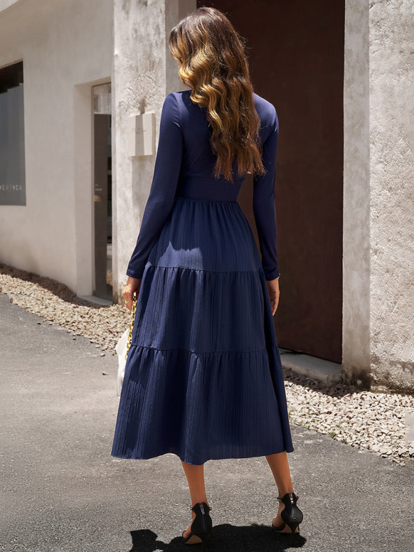 Blue Zone Planet | Elegant V-Neck Long-sleeve Midi Dress-TOPS / DRESSES-[Adult]-[Female]-2022 Online Blue Zone Planet