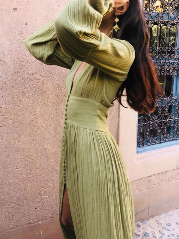 New French retro V-neck waist pleats loose slit temperament long-sleeved dress BLUE ZONE PLANET