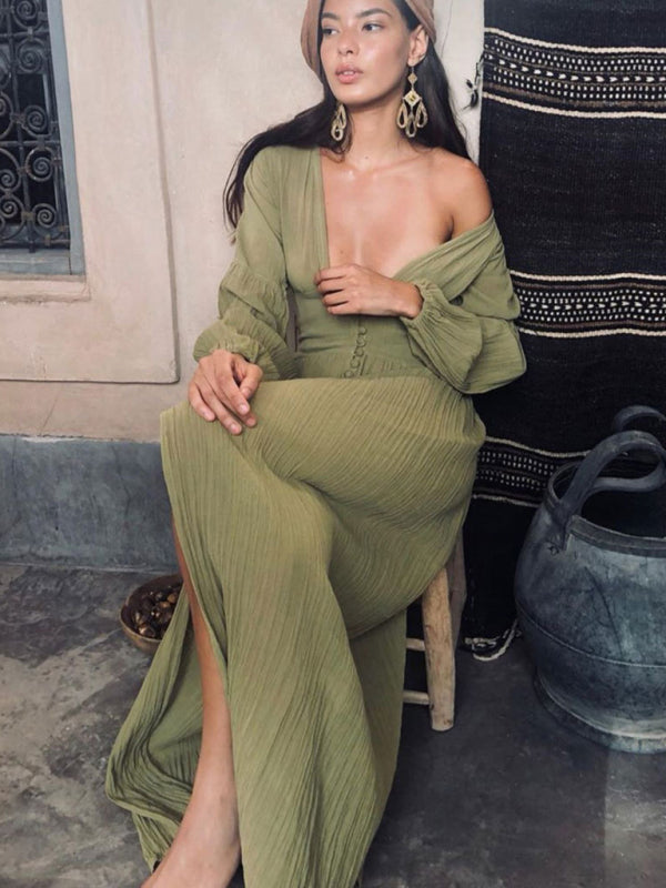 New French retro V-neck waist pleats loose slit temperament long-sleeved dress BLUE ZONE PLANET