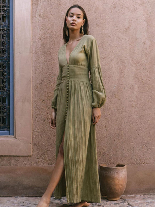 New French retro V-neck waist pleats loose slit temperament long-sleeved dress BLUE ZONE PLANET