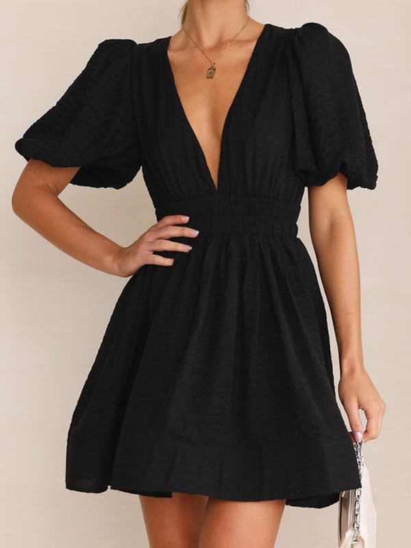 Blue Zone Planet | Bella's V-Neck Lantern Sleeve Princess Mini Dress-TOPS / DRESSES-[Adult]-[Female]-Black-S-2022 Online Blue Zone Planet