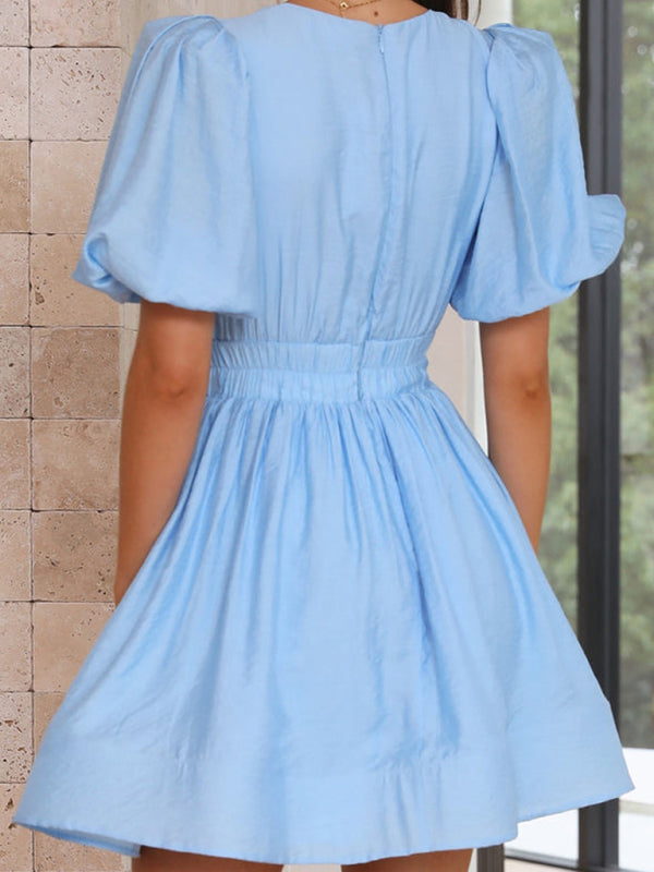 Blue Zone Planet |  Bella's V-Neck Lantern Sleeve Princess Mini Dress BLUE ZONE PLANET