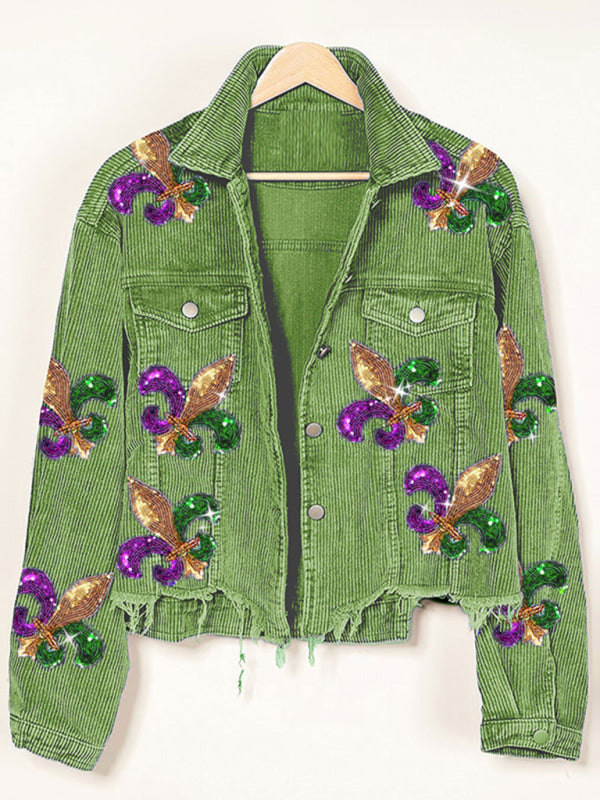 Corduroy and sequined tassel baseball jacket-TOPS / DRESSES-[Adult]-[Female]-Green-S-2022 Online Blue Zone Planet