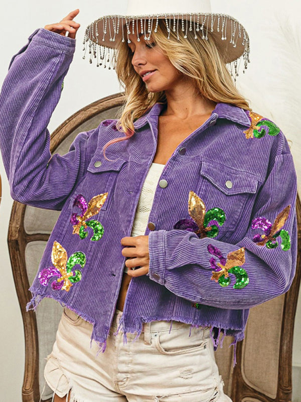 Corduroy and sequined tassel baseball jacket-TOPS / DRESSES-[Adult]-[Female]-Purple-S-2022 Online Blue Zone Planet