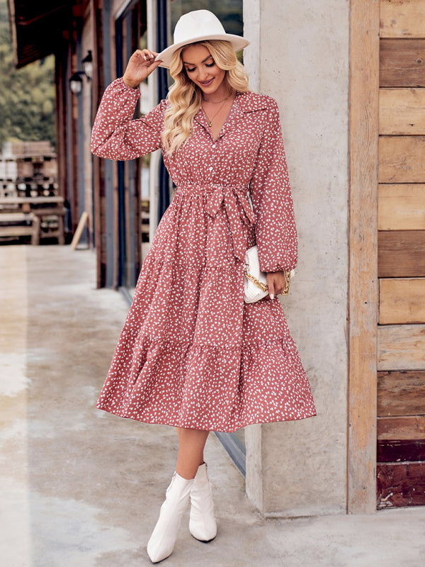 Bella's Ditsy Tie-Waist Long-Sleeved Shirt Midi Tiered Dress-TOPS / DRESSES-[Adult]-[Female]-2022 Online Blue Zone Planet