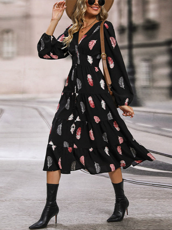 Zone Planet | Long Sleeve Feather Print Elegant Midi Dress - Black / L by Blue Zone Planet Zone Planet | Long Sleeve Feather Print Elegant Midi Dress - Black / L by Blue Zone Planet