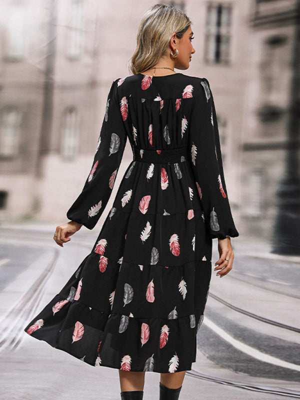 Blue Zone Planet |  Long Sleeve Feather Print Elegant Midi Dress BLUE ZONE PLANET