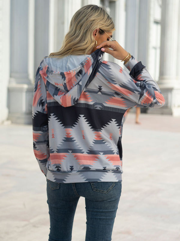 geometric pattern long-sleeved loose hooded button pocket sweater BLUE ZONE PLANET