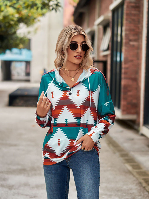 geometric pattern long-sleeved loose hooded button pocket sweater BLUE ZONE PLANET