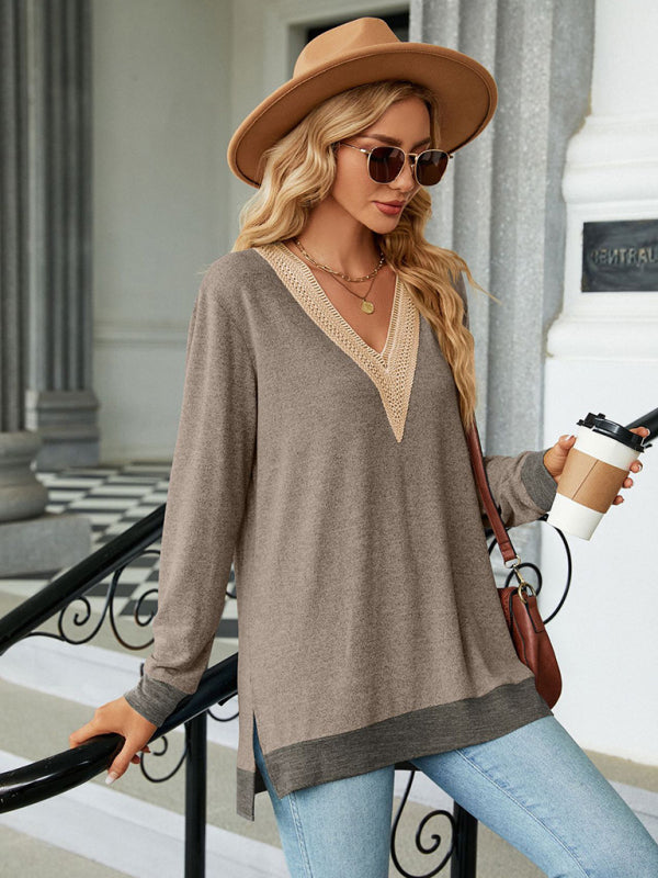 Blue Zone Planet |  style lace V-neck contrast color slit loose long-sleeved T-shirt top BLUE ZONE PLANET