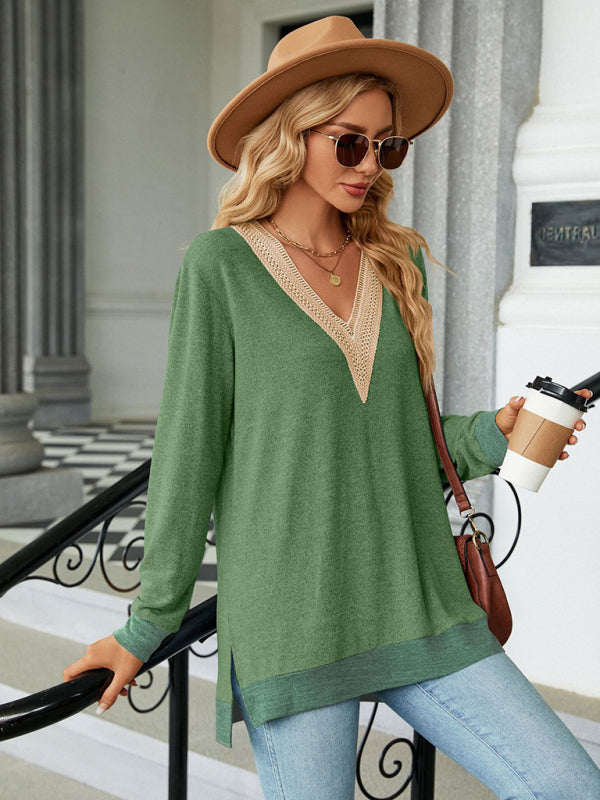 Blue Zone Planet |  style lace V-neck contrast color slit loose long-sleeved T-shirt top BLUE ZONE PLANET