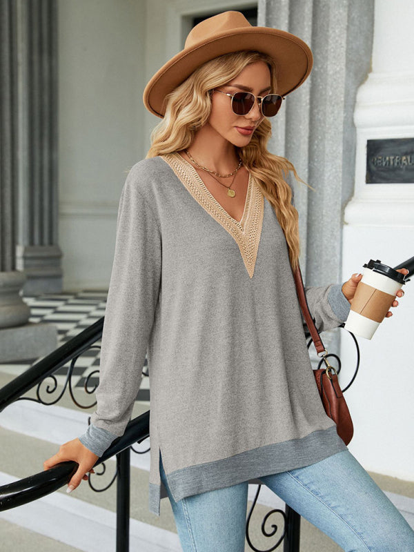 Blue Zone Planet |  style lace V-neck contrast color slit loose long-sleeved T-shirt top BLUE ZONE PLANET