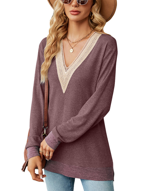 Blue Zone Planet |  style lace V-neck contrast color slit loose long-sleeved T-shirt top BLUE ZONE PLANET