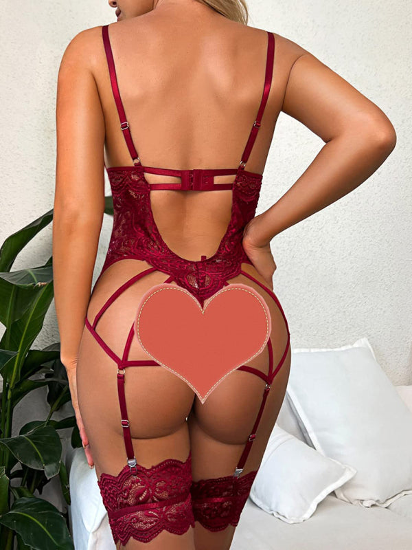 underwear, lace spaghetti straps, butterfly see-through backless one-piece pajamas kakaclo