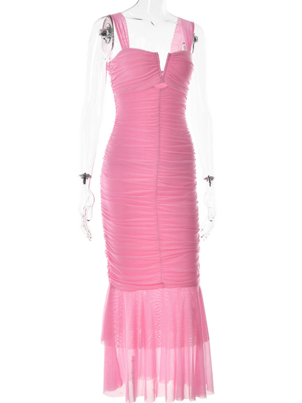 Blue Zone Planet | Spaghetti Strap stitching sexy hot girl tight pleated fishtail dress-TOPS / DRESSES-[Adult]-[Female]-2022 Online Blue Zone Planet