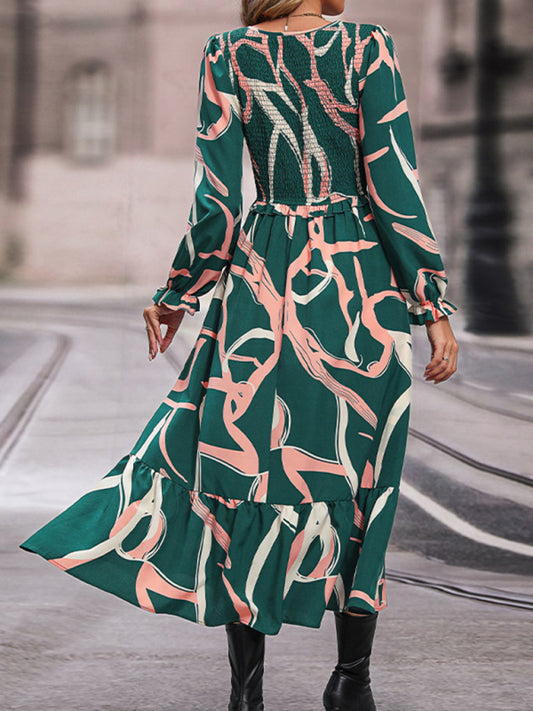 Fashion Ladies Printed Long Sleeve Dress-TOPS / DRESSES-[Adult]-[Female]-Green-S-2022 Online Blue Zone Planet