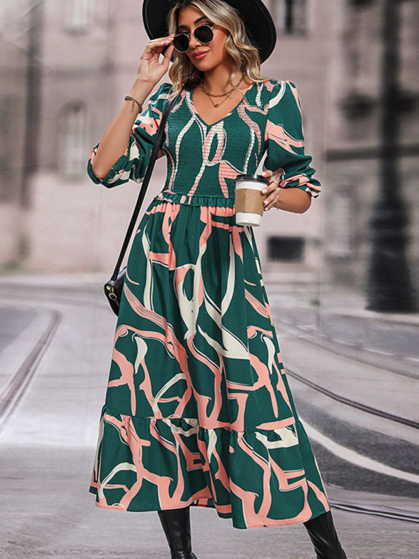 Fashion Ladies Printed Long Sleeve Dress-TOPS / DRESSES-[Adult]-[Female]-2022 Online Blue Zone Planet