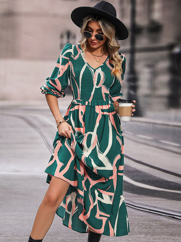 Fashion Ladies Printed Long Sleeve Dress-TOPS / DRESSES-[Adult]-[Female]-2022 Online Blue Zone Planet