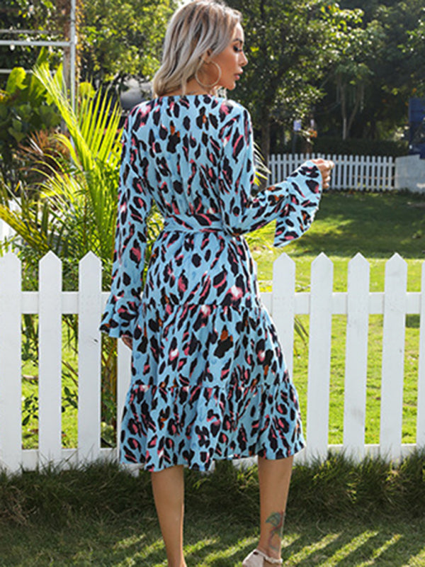 fashion print leopard print long-sleeved dress kakaclo