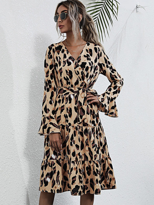 fashion print leopard print long-sleeved dress kakaclo