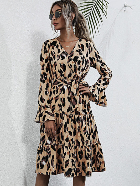 fashion print leopard print long-sleeved dress kakaclo