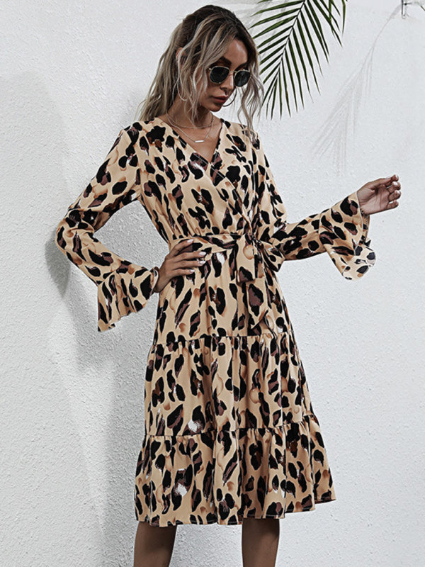 fashion print leopard print long-sleeved dress kakaclo