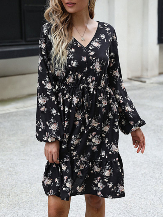 Printed Long Sleeve V Neck Black Dress kakaclo