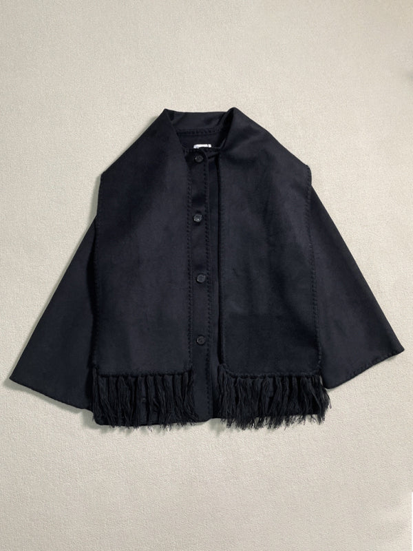 Blue Zone Planet | wool blend coat fringed scarf collar loose woolen coat BLUE ZONE PLANET