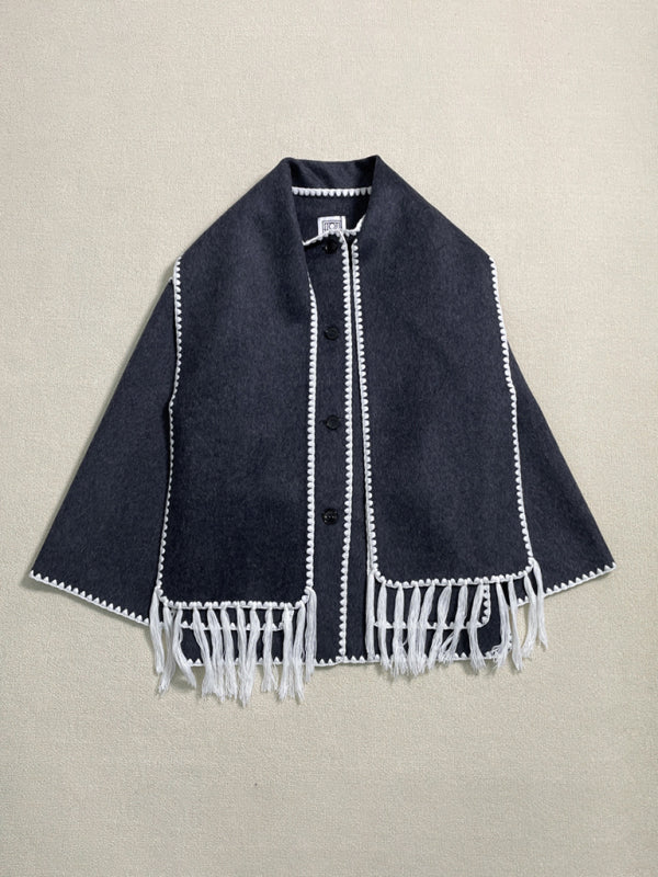 Blue Zone Planet | wool blend coat fringed scarf collar loose woolen coat BLUE ZONE PLANET