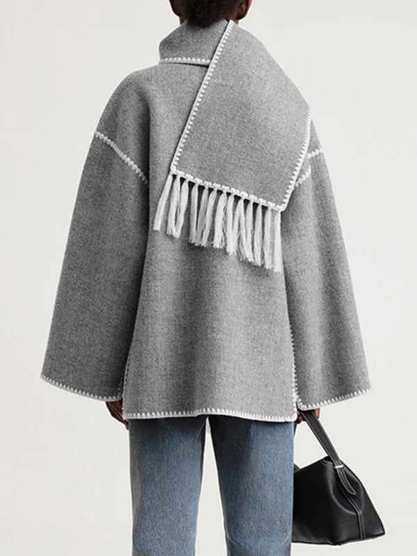 Blue Zone Planet | wool blend coat fringed scarf collar loose woolen coat BLUE ZONE PLANET