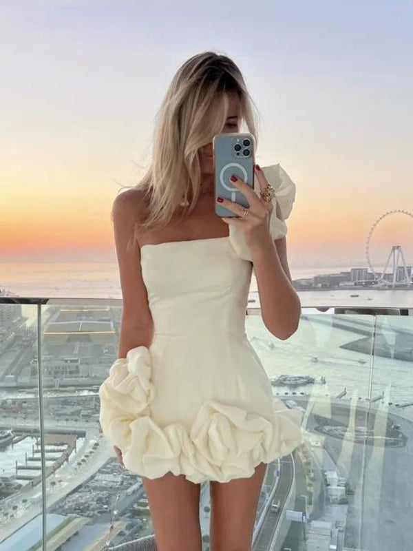 Ruffled Bud Waist One Shoulder Tube Top Mini Dress-TOPS / DRESSES-[Adult]-[Female]-White-S-2022 Online Blue Zone Planet