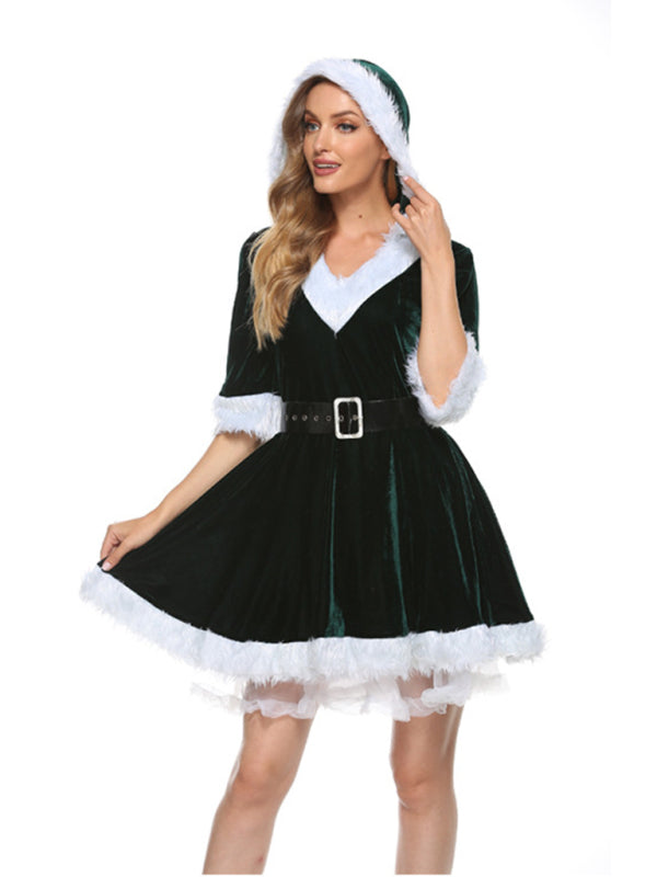 Christmas plush hooded sexy dress Puffy high waist skirt (belt included) BLUE ZONE PLANET