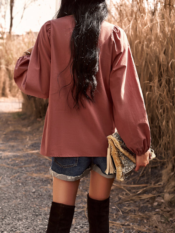 commuting solid color V-neck long-sleeved top kakaclo