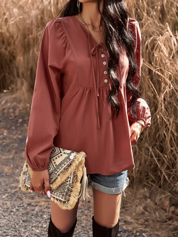commuting solid color V-neck long-sleeved top kakaclo