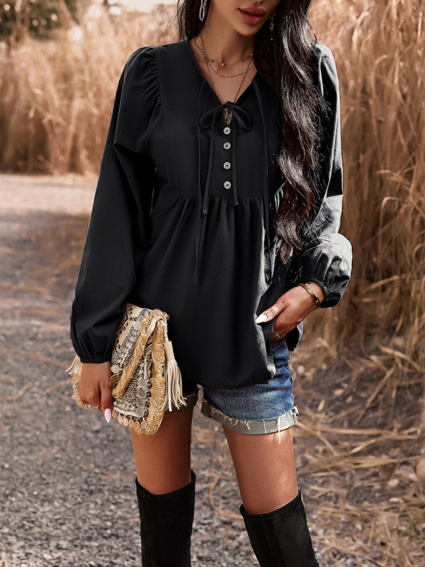 commuting solid color V-neck long-sleeved top kakaclo