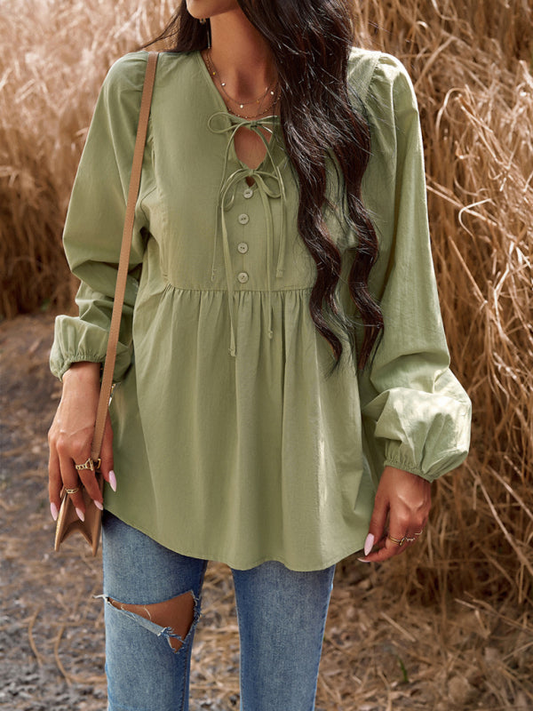 commuting solid color V-neck long-sleeved top kakaclo