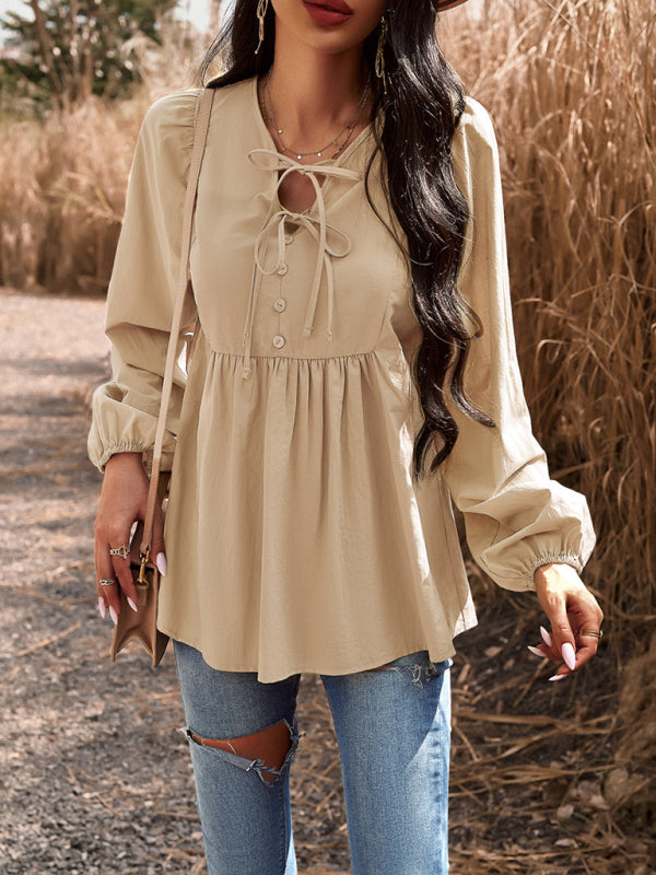 commuting solid color V-neck long-sleeved top kakaclo