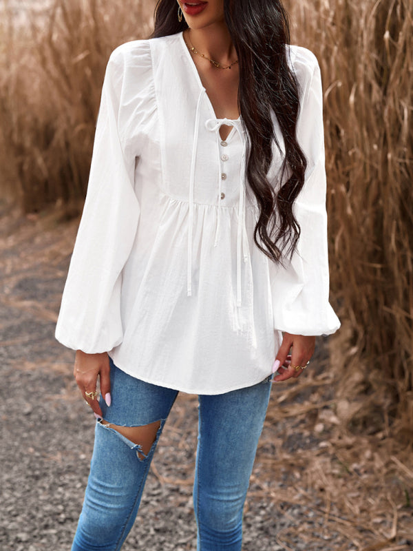 commuting solid color V-neck long-sleeved top kakaclo