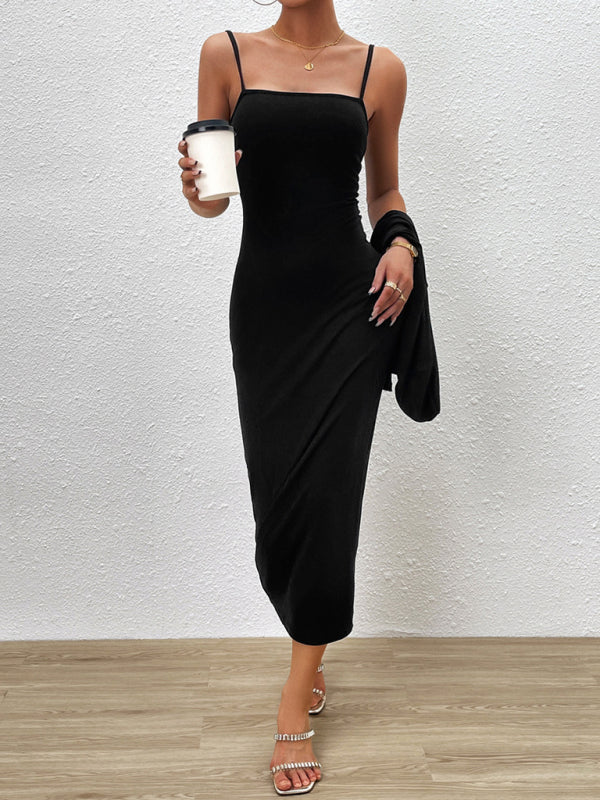 Elegant black spaghetti strap long-sleeved maxi dress kakaclo