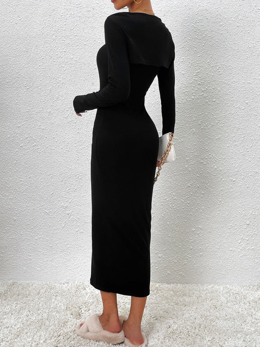 Elegant black spaghetti strap long-sleeved maxi dress kakaclo