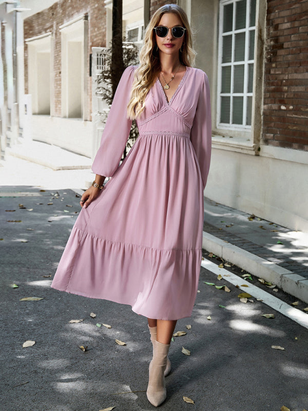 Blue Zone Planet |  Elegant lace solid color V-neck midi dress BLUE ZONE PLANET