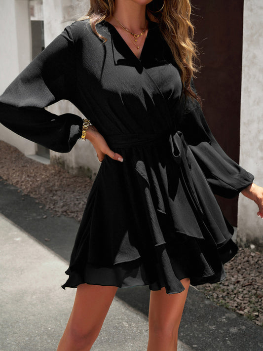 Blue Zone Planet |  V-neck elegant long-sleeved multi-layered solid color mini dress BLUE ZONE PLANET