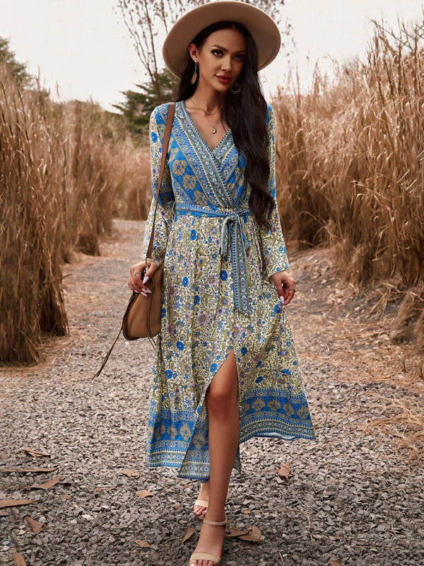 Zone Planet | Elegant casual printed V-neck A-line midi dress - Blue Zone Planet Zone Planet | Elegant casual printed V-neck A-line midi dress - Blue Zone Planet