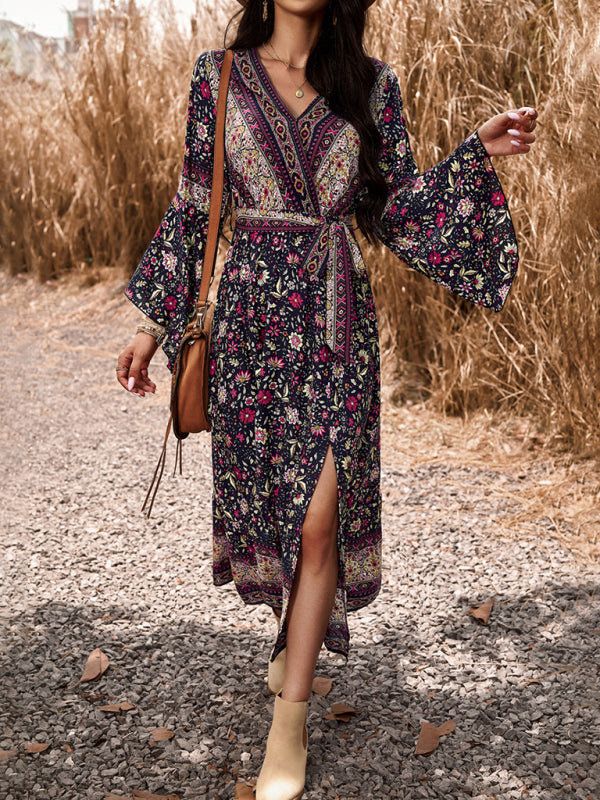 Zone Planet | Elegant casual printed V-neck A-line midi dress - Blue Zone Planet Zone Planet | Elegant casual printed V-neck A-line midi dress - Blue Zone Planet