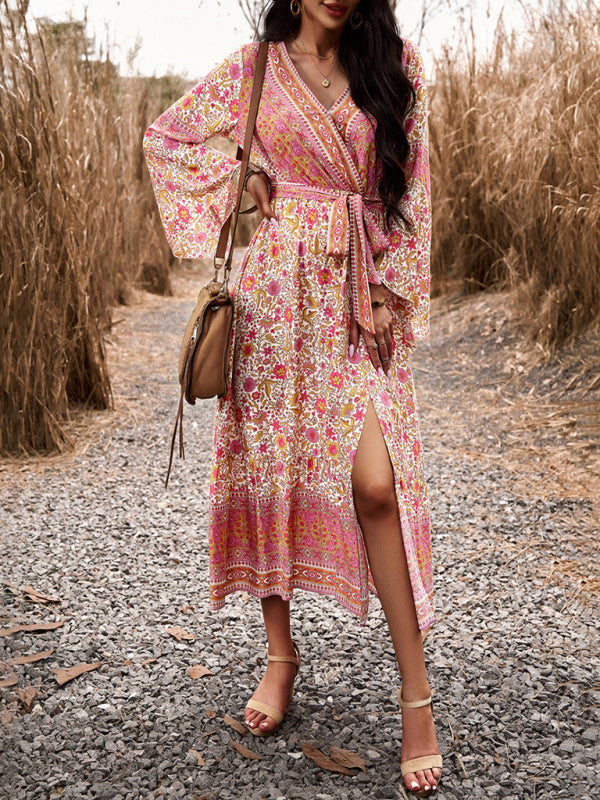 Zone Planet | Elegant casual printed V-neck A-line midi dress - Blue Zone Planet Zone Planet | Elegant casual printed V-neck A-line midi dress - Blue Zone Planet