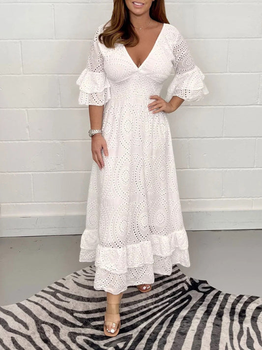 V-neck bell sleeves large swing cotton maxi dress-TOPS / DRESSES-[Adult]-[Female]-White-S-2022 Online Blue Zone Planet