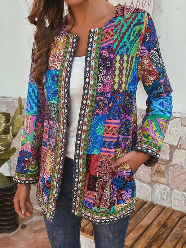 retro cotton and linen printed loose long-sleeved cardigan jacket BLUE ZONE PLANET